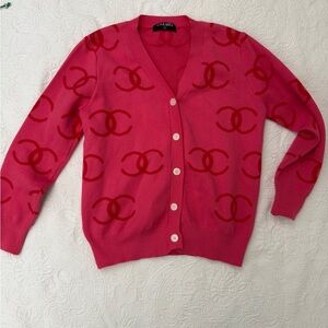 Pink Cardigan with Red Logo Motif